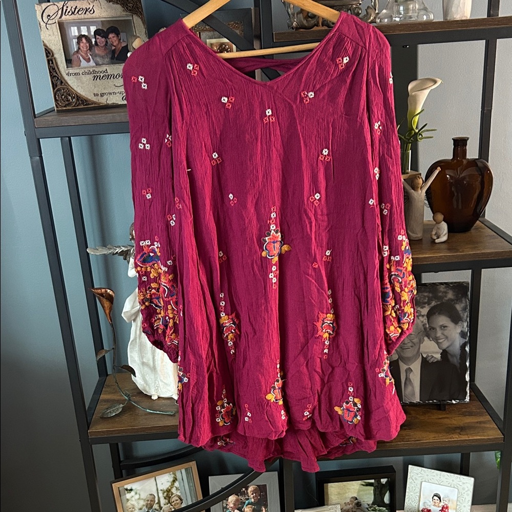 Free People Fuchsia Embroidered Blouse